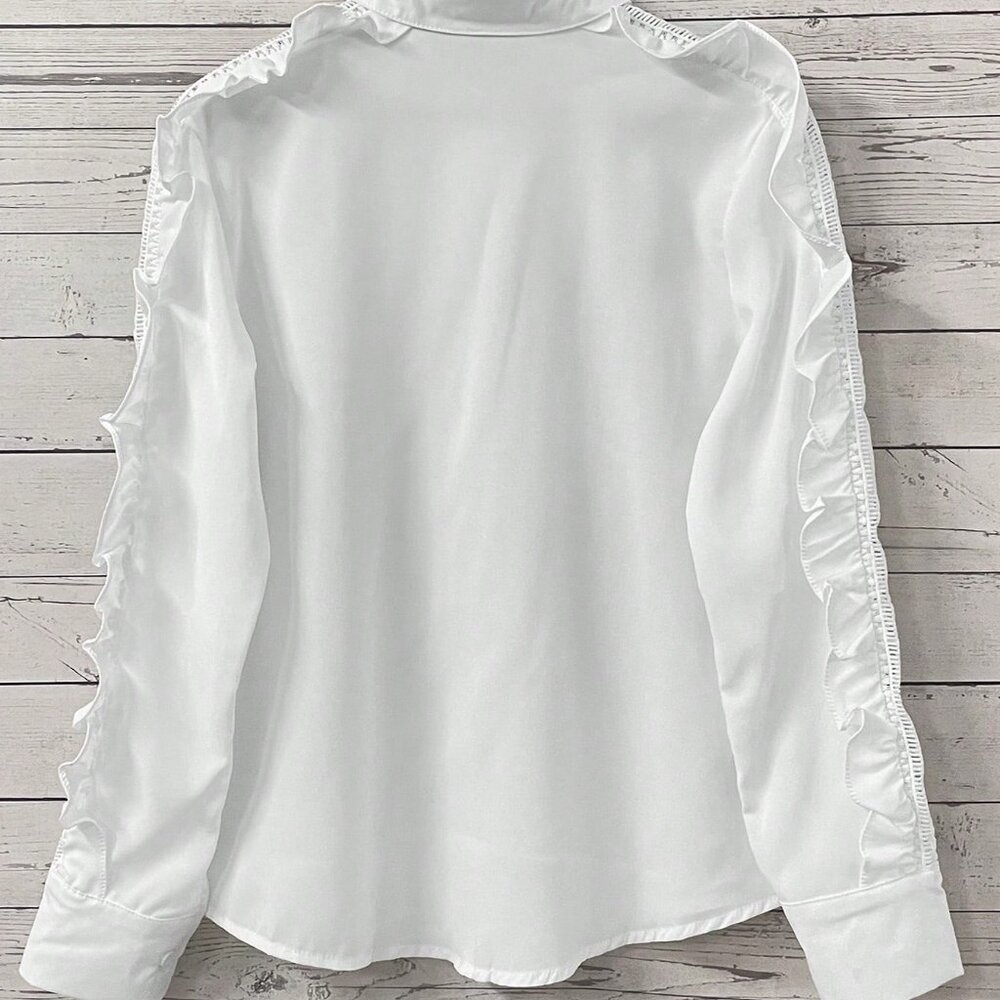 White Casual Women's Ruffle Lace Turndown Collar Button Long Sleeve Blouse - Picture 2 of 9